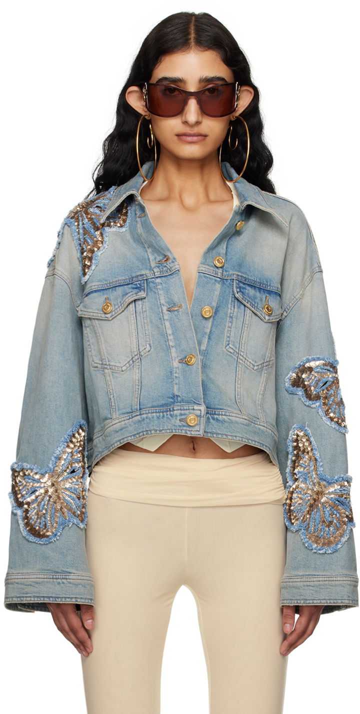 Яке Blumarine Blumarine Butterfly Appliqué Cropped Denim Jacket Синьо | P444J081A