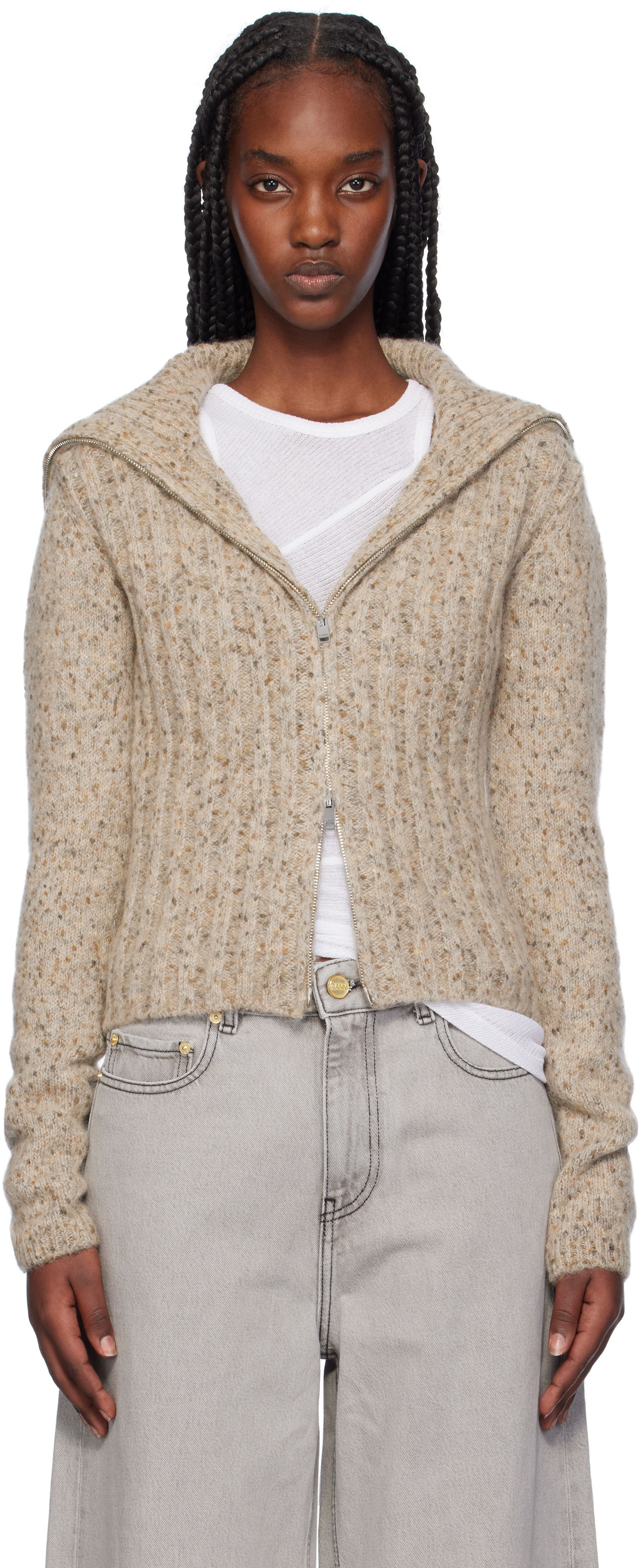 Пуловер GANNI Highneck Zip Cardigan Бежово | K2277, 0