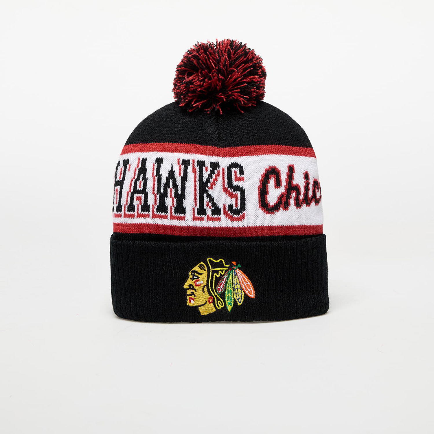 Шапка Mitchell & Ness Chicago Blackhawks Pom Knit Beanie Черно | HK8955-CBHBLCK, 0