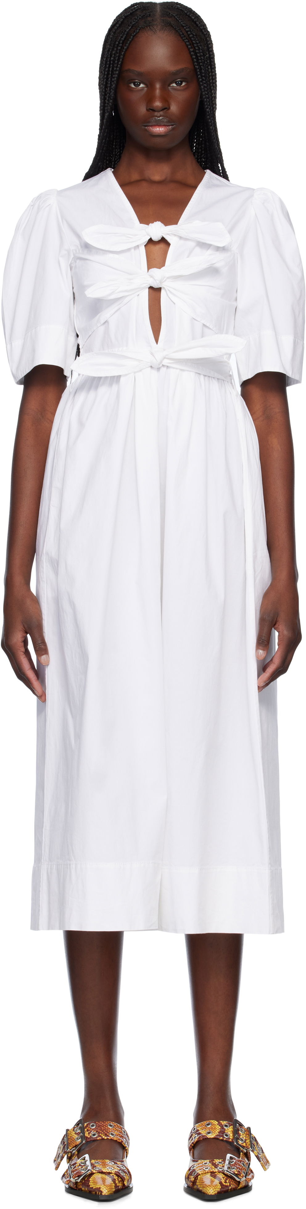 Pокля GANNI GANNI Stretch Cotton Tie Strap Midi Dress Бяло | W0306, 0