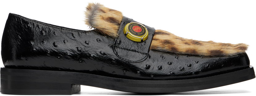Кецове и обувки Martine Rose Martine Rose Champagne Cap Leopard-Trim Ostrich-Effect Square Toe Loafers Черно | 1078LE03001