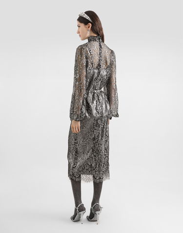 Риза Dolce & Gabbana High-neck Long-sleeve Lamé Lace Top with Scalloped Hem, Collection Металик | F7BD7TILMCFS0998, 2