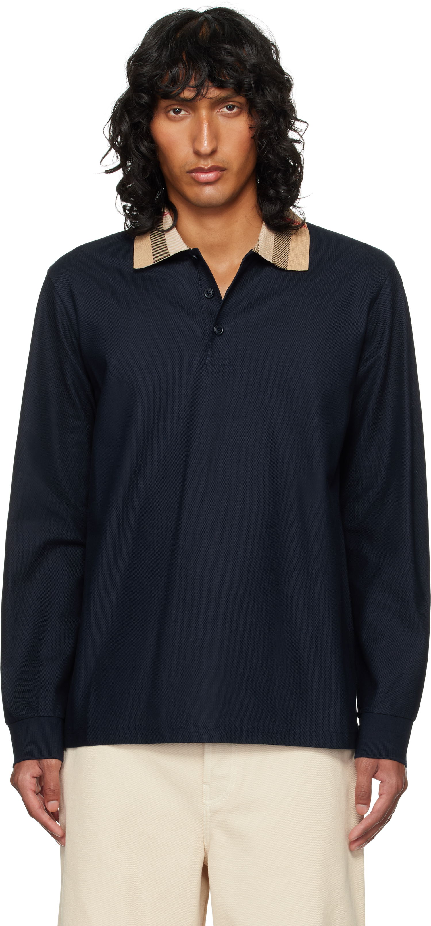 Поло тениска Burberry Burberry Check Collar Long Sleeve Polo Тъмно синьо | 8098813, 0