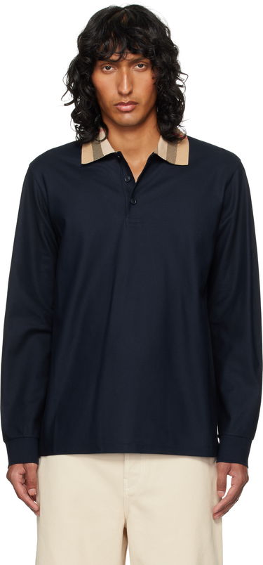 Поло тениска Burberry Burberry Check Collar Long Sleeve Polo Тъмно синьо | 8098813, 0