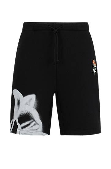 Къси панталони BOSS Relaxed-Fit Cotton-Blend Shorts with Artwork Черно | 50517824, 0