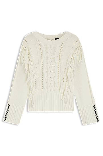Пуловер BOSS Cable Knit Sweater with Fringe Бяло | 50543949