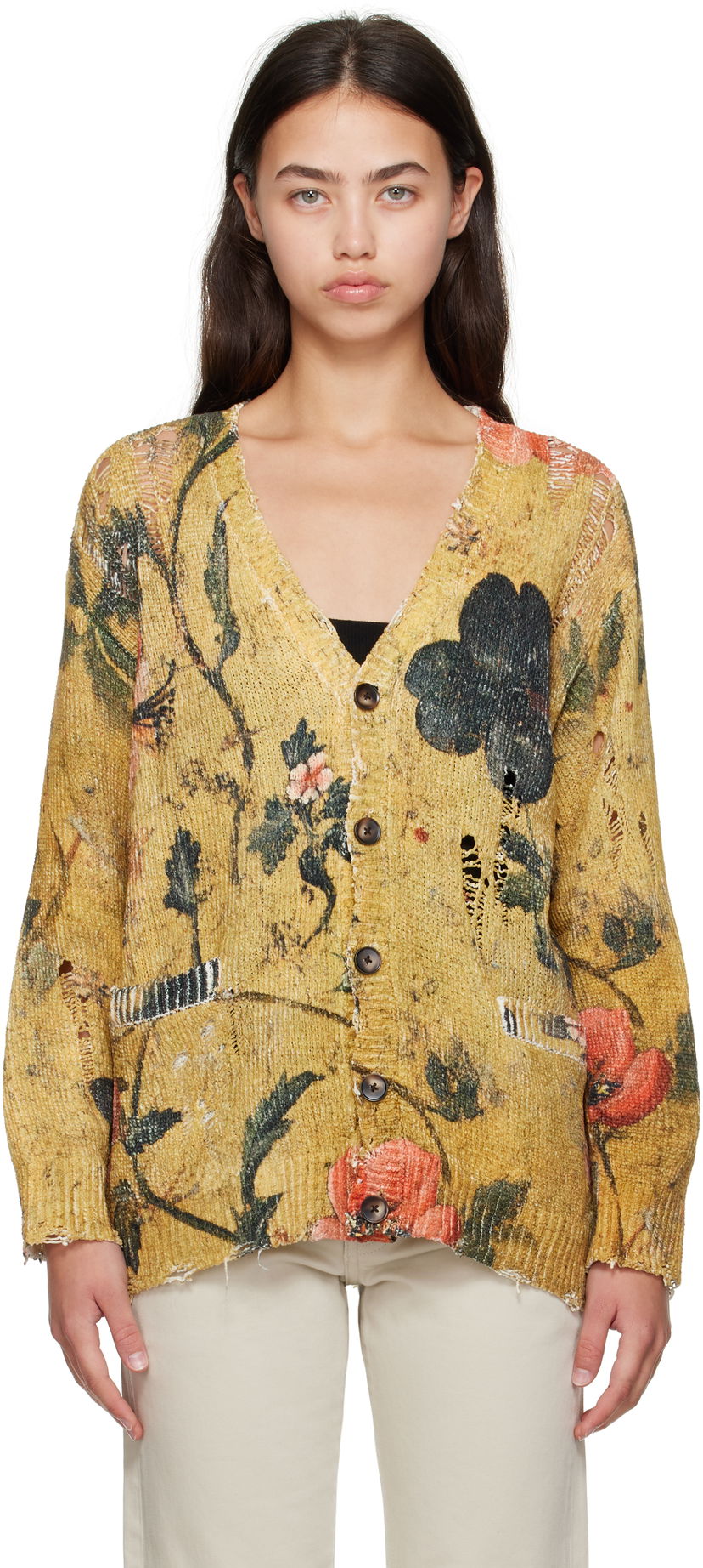 Пуловер R13 R13 Printed Boyfriend Cardigan Жълто | R13WY237-Y221A