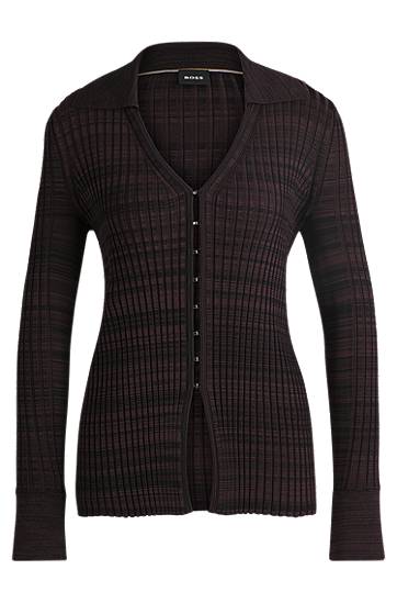 BOSS Ribbed Stretch Fabric V-Neck Cardigan with Collar