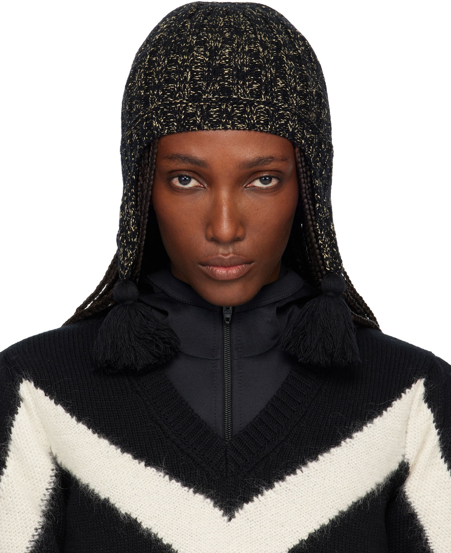 Шапка Valentino Valentino Garavani Metallic Knit Beanie with Ear Flaps and Tassels Черно | 7W2HB02FKAW, 0