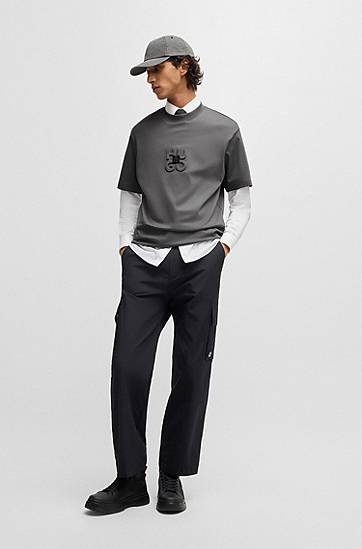 Тениска BOSS HUGO Men's Interlock Cotton T-Shirt with Stacked Logos Сиво | 50535499, 1