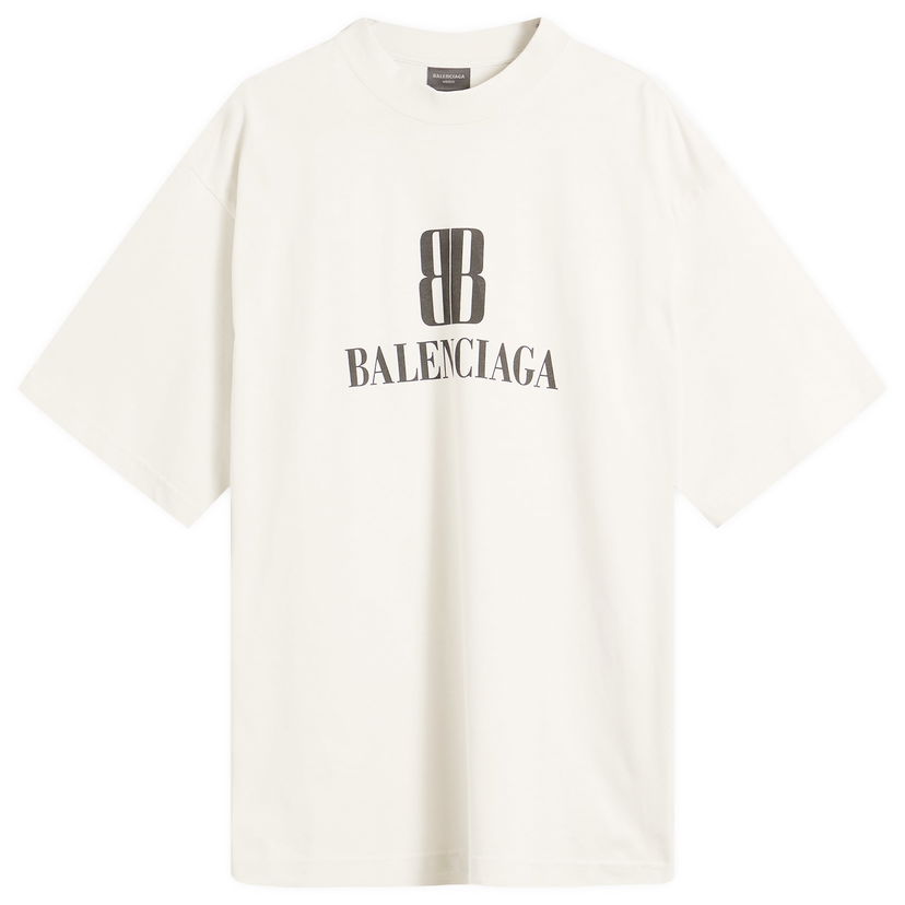 Тениска Balenciaga Men's Nano BB Logo Medium Fit T-Shirt, Size Large Бяло | 764235-TSVO2-9012