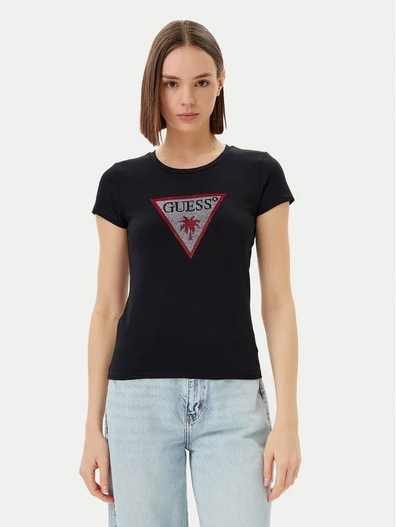 Тениска GUESS Guess Rhinestone Triangle Short Sleeve T-Shirt Черно | E5GI08J1314-JBLK, 0
