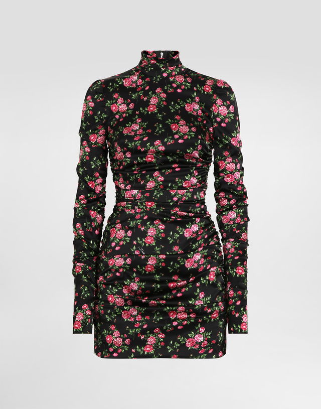 Small Rose Bouquets-print Long Sleeve High-neck Ruched Satin Dress