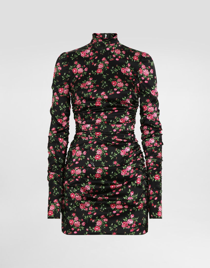 Pокля Dolce & Gabbana Small Rose Bouquets-print Long Sleeve High-neck Ruched Satin Dress Многоцветен | F60G2TFSA8GHN5XP