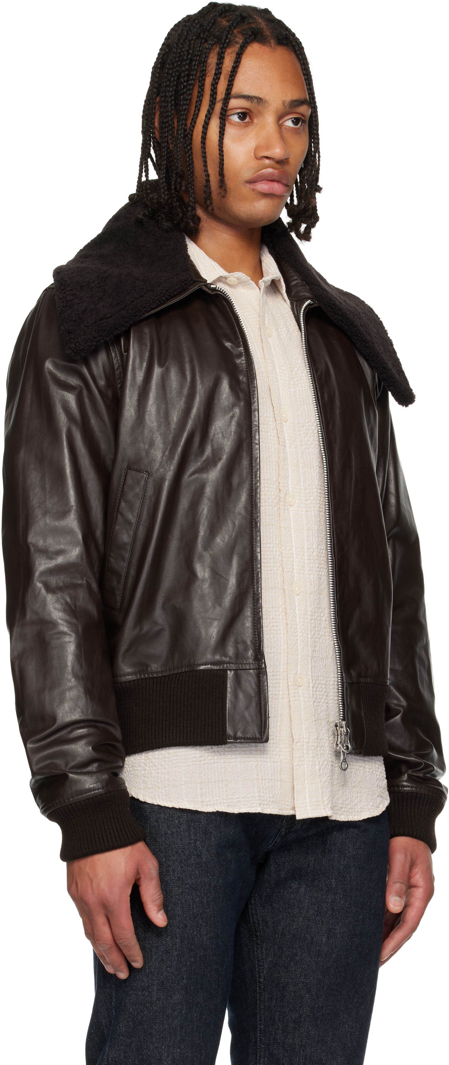 Яке бомбър OUR LEGACY Pharos Shearling Collar Leather Bomber Jacket Кафяво | M4259PU, 1
