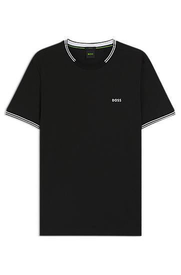Stretch-Cotton T-Shirt with Stripes and BOSS Logo