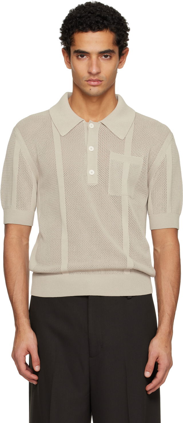 Short Sleeve Striped Perforated Knit Polo