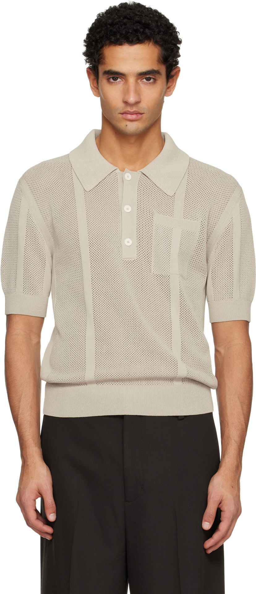 Поло тениска LANVIN Short Sleeve Striped Perforated Knit Polo Бежово | RM-PL0024-K063-E25