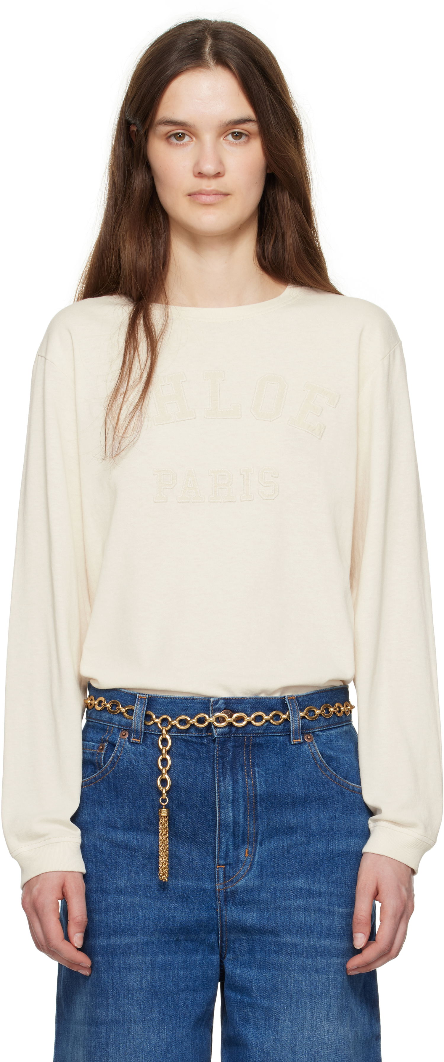Тениска CHLOÉ Chloé Oversized Logo Long Sleeve T-Shirt Бежово | CH25SJH07183, 0