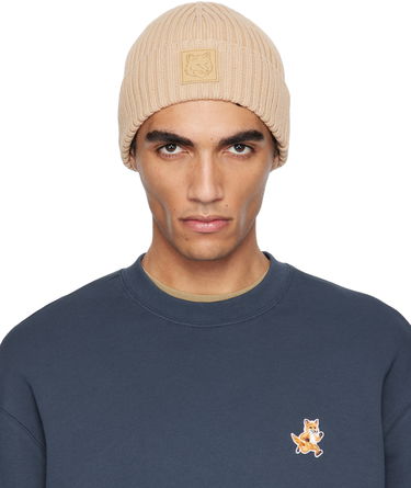Шапка MAISON KITSUNÉ Maison Kitsuné Fox Head Leather Patch Beanie Бежово | OW06110KT1140, 0
