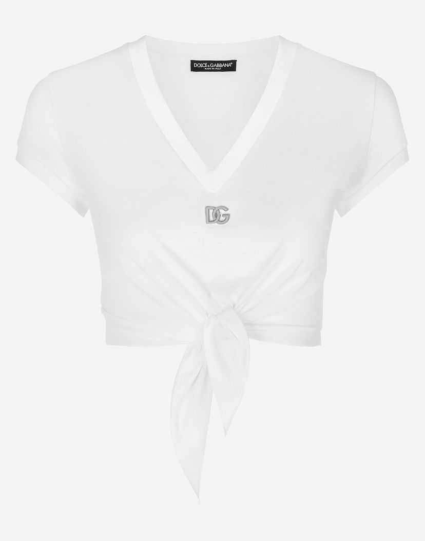 Съкратен топ Dolce & Gabbana Jersey T-shirt With Dg Logo And Knot Detail Бяло | F8U06TFU7EQW0800