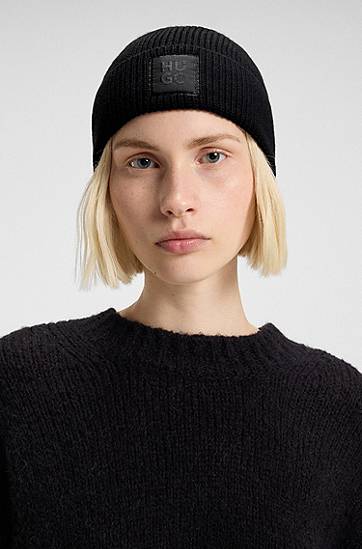Шапка BOSS Wool-Blend Beanie with Logo Label Черно | 50548413, 1