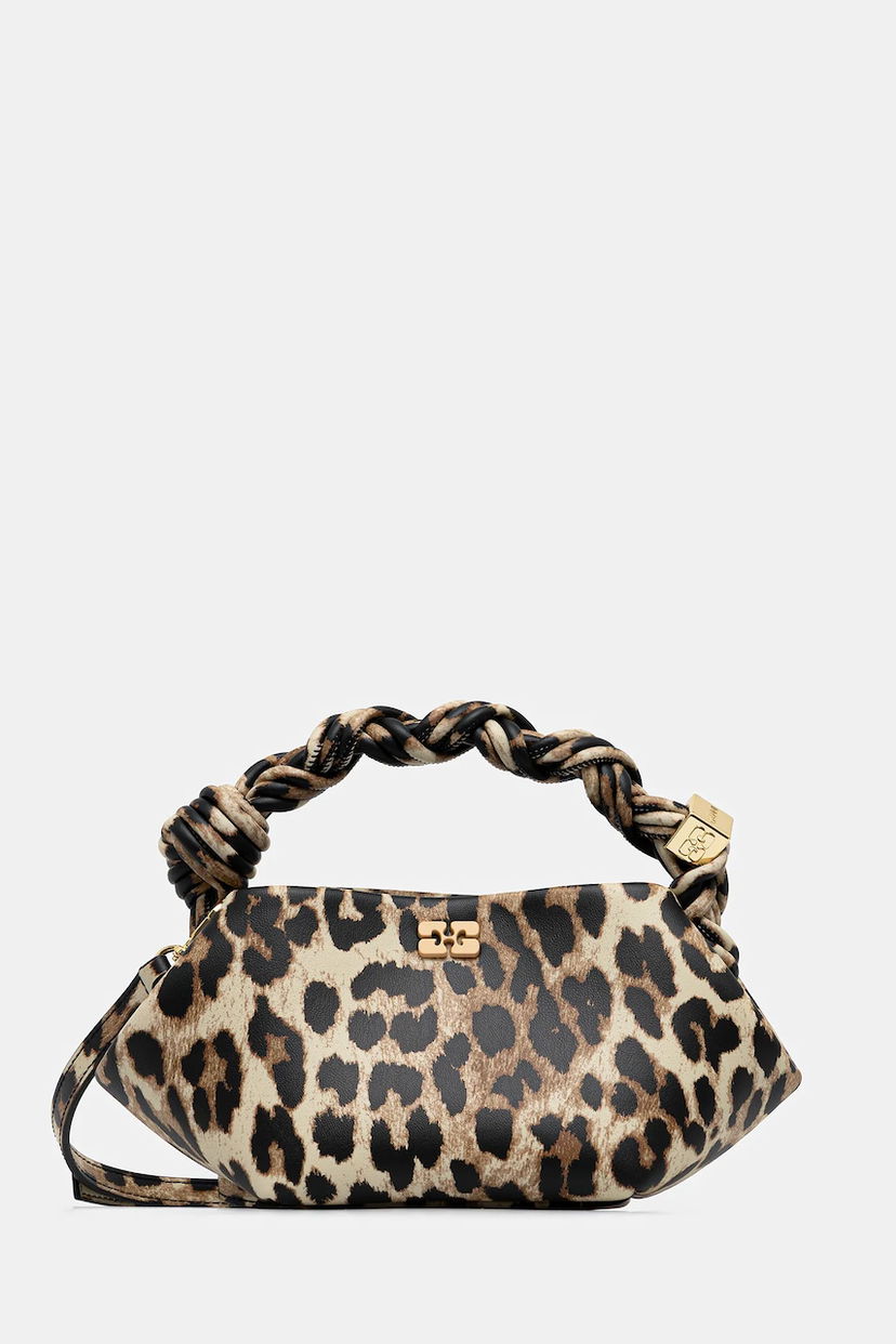 Дамска чанта GANNI Leather Bou Bag Mini Leopard Print with Braided Handle Многоцветен | A6948