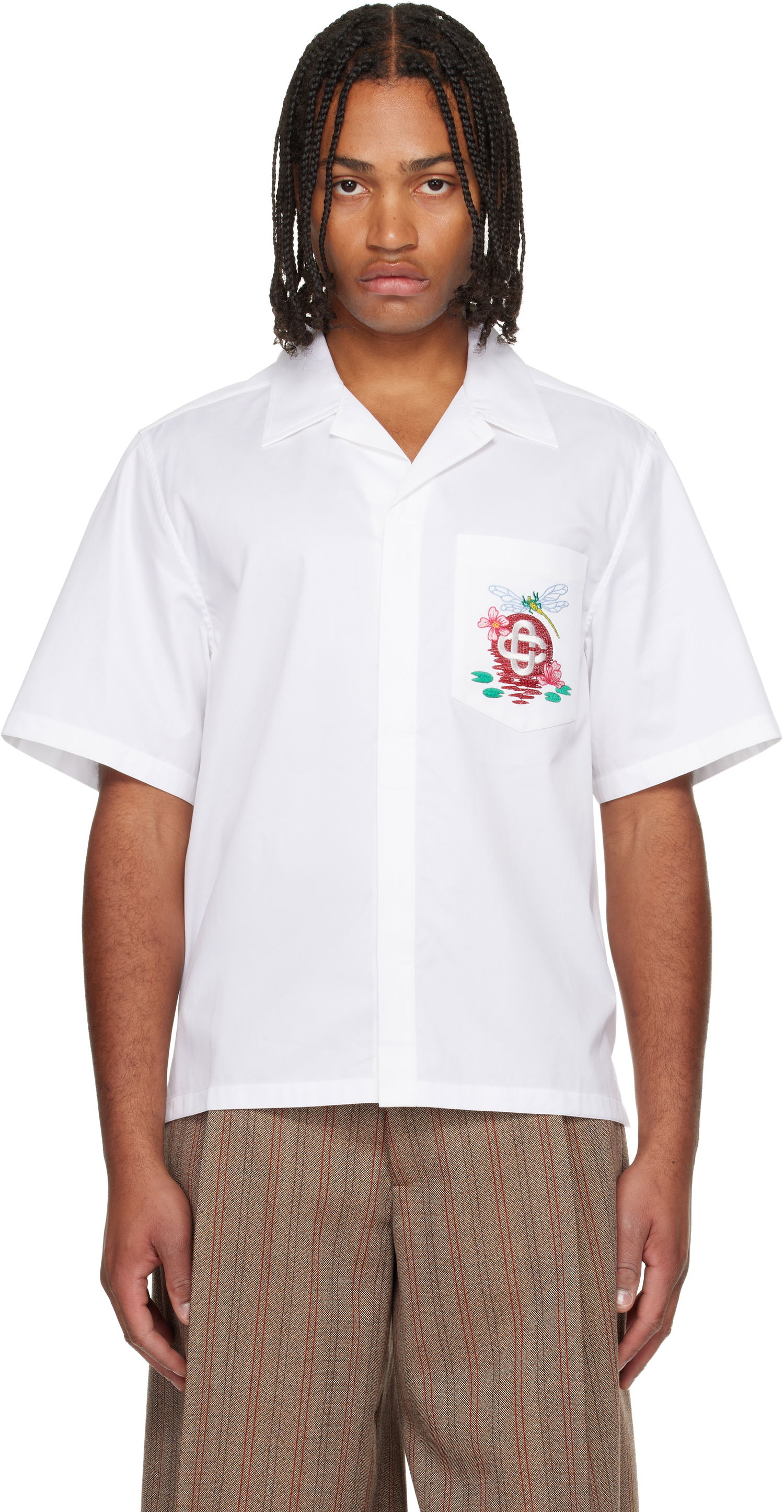 Риза Casablanca Cotton Poplin Dragonfly and Floral Embroidered Short Sleeve Cuban Collar Shirt Бяло | M-AW25-SH-209-01, 0