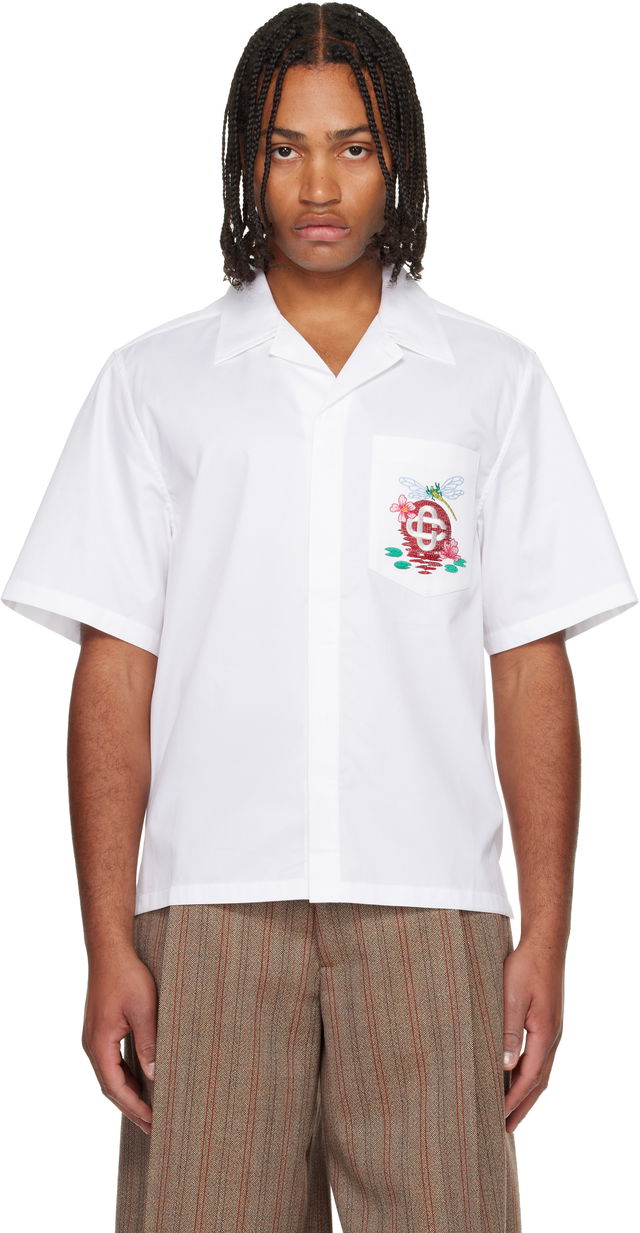 Cotton Poplin Dragonfly and Floral Embroidered Short Sleeve Cuban Collar Shirt