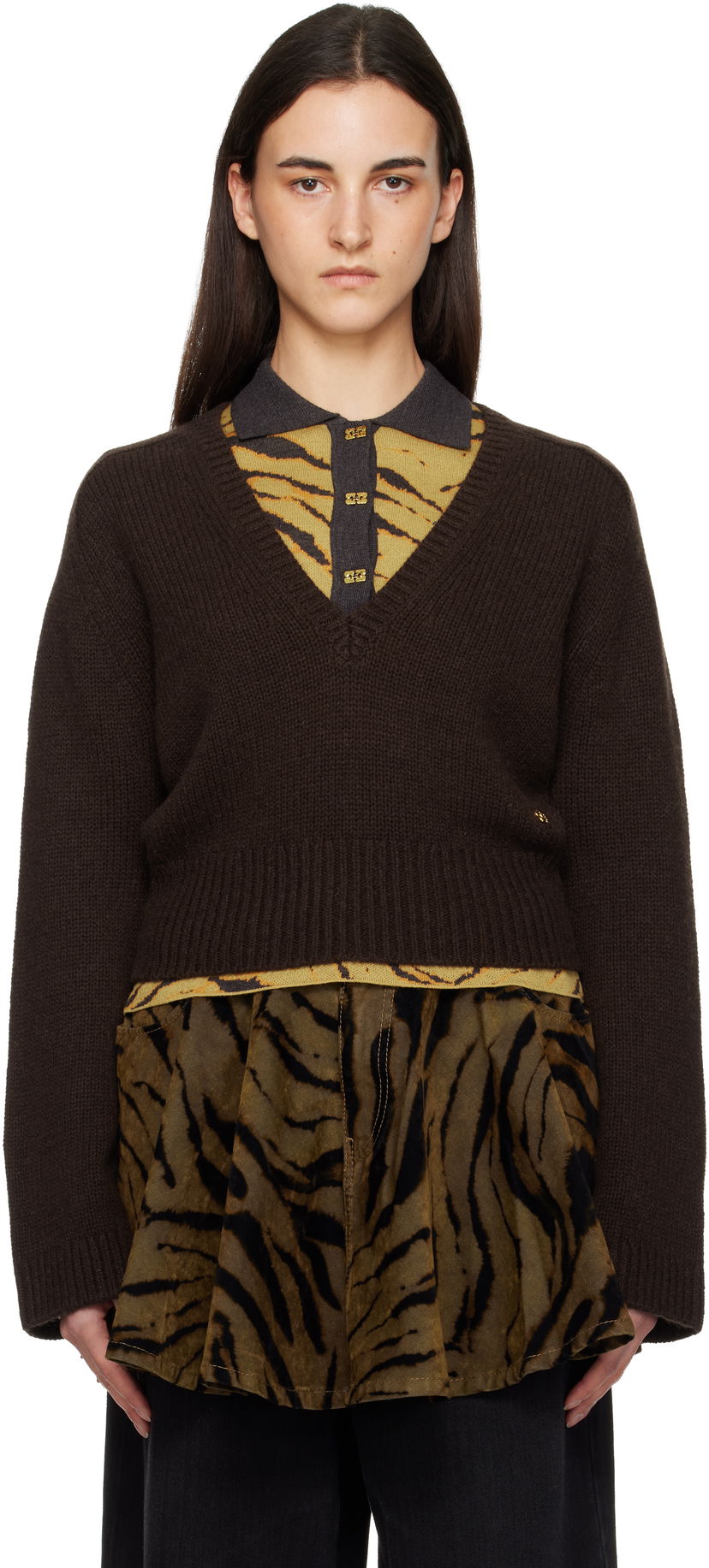 Пуловер GANNI V-Neck Jumper Sweater Кафяво | K2614