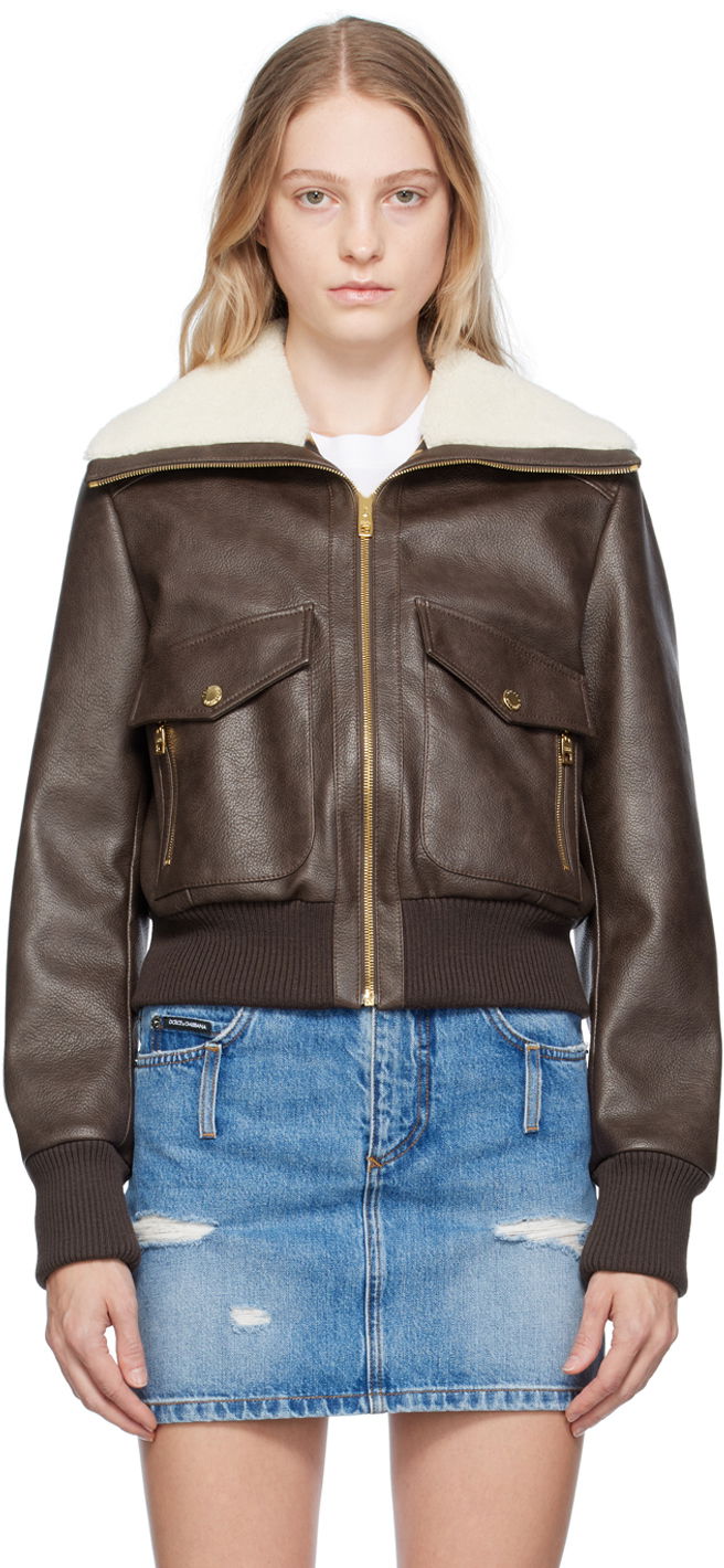 Яке Dolce & Gabbana Brown Faded Faux-Leather Jacket Кафяво | F9Q87T GDBTY