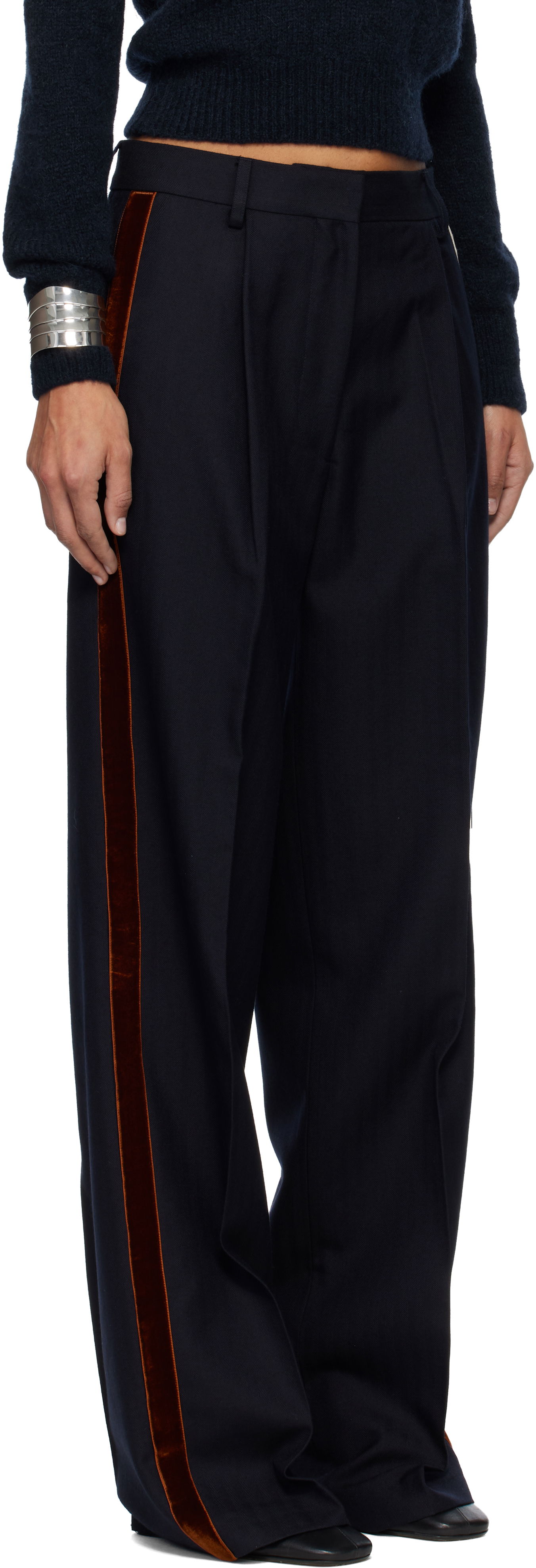 Панталони Dries Van Noten Dries Van Noten Embellished Tuxedo Trousers with Velvet Side Stripe and Lace-Up Detail Тъмно синьо | 252-010960-2193, 1