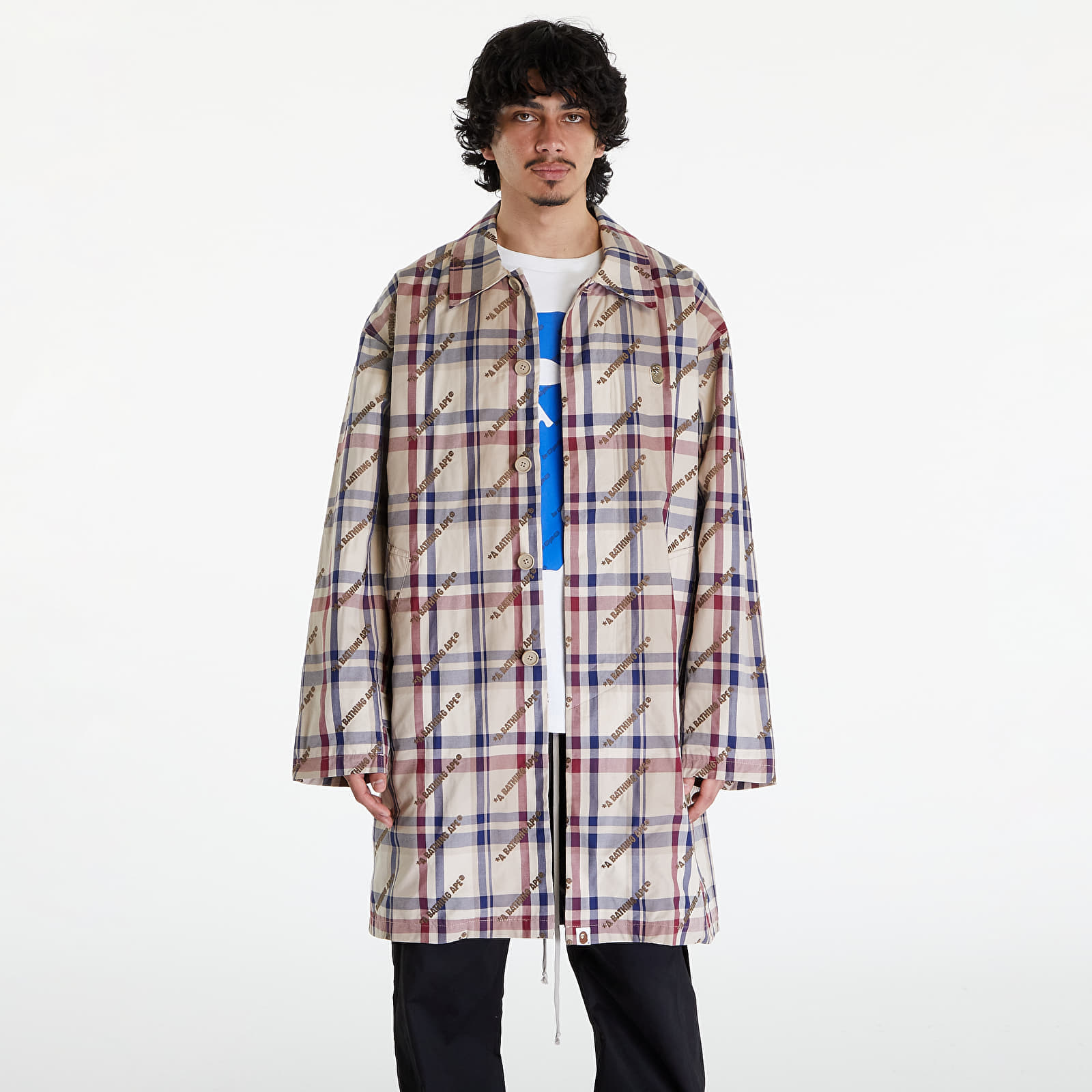 A BATHING APE Logo Check Pattern Long Coat Beige, 0