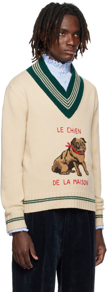 Пуловер Valentino Valentino 'Le Chien De La Maison' Jacquard Wool V-Neck Sweater Бежово | 7V3KC35EB2M, 1