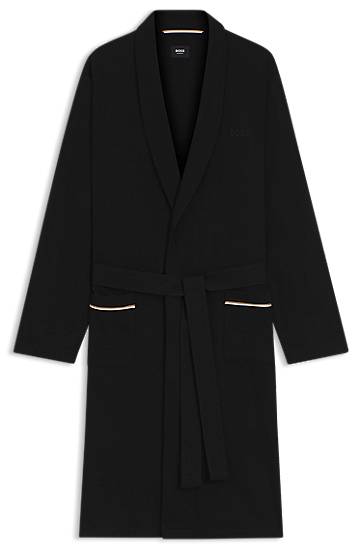 Cotton jersey dressing gown with shawl collar, tie belt, and contrast-piped pockets