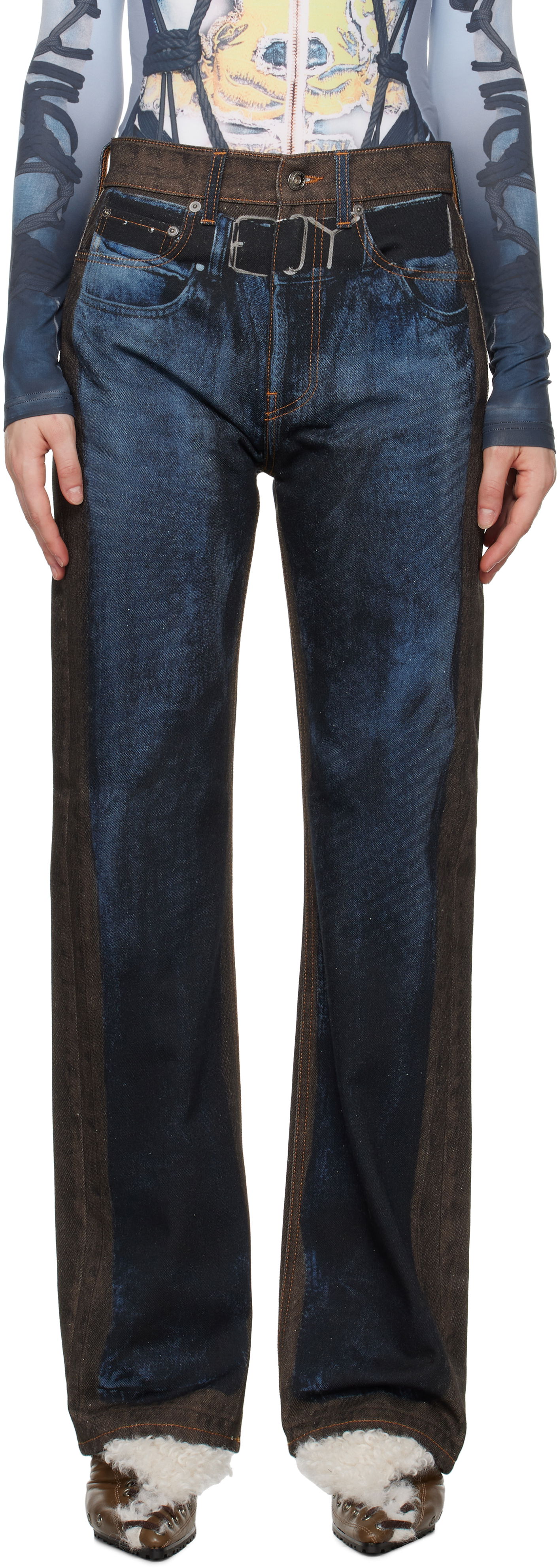 Дънки Y/PROJECT Two-Tone Straight-Leg Jeans Синьо | 207PA019, 0