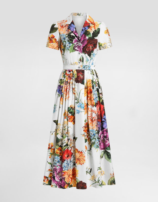 Dolce & Gabbana Flower Bouquet Print Poplin Midi Dress