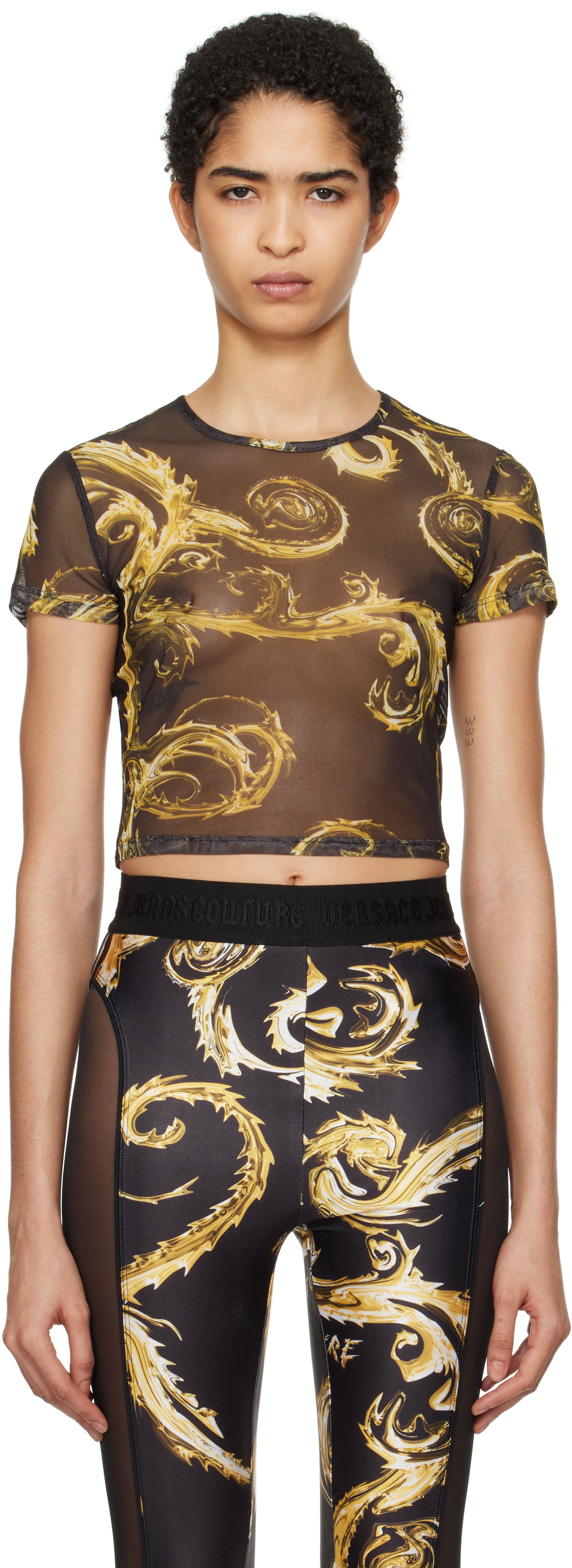 Съкратен топ Versace Couture Mesh Crop T-shirt Черно | E77HAH6A2_EJS398, 0