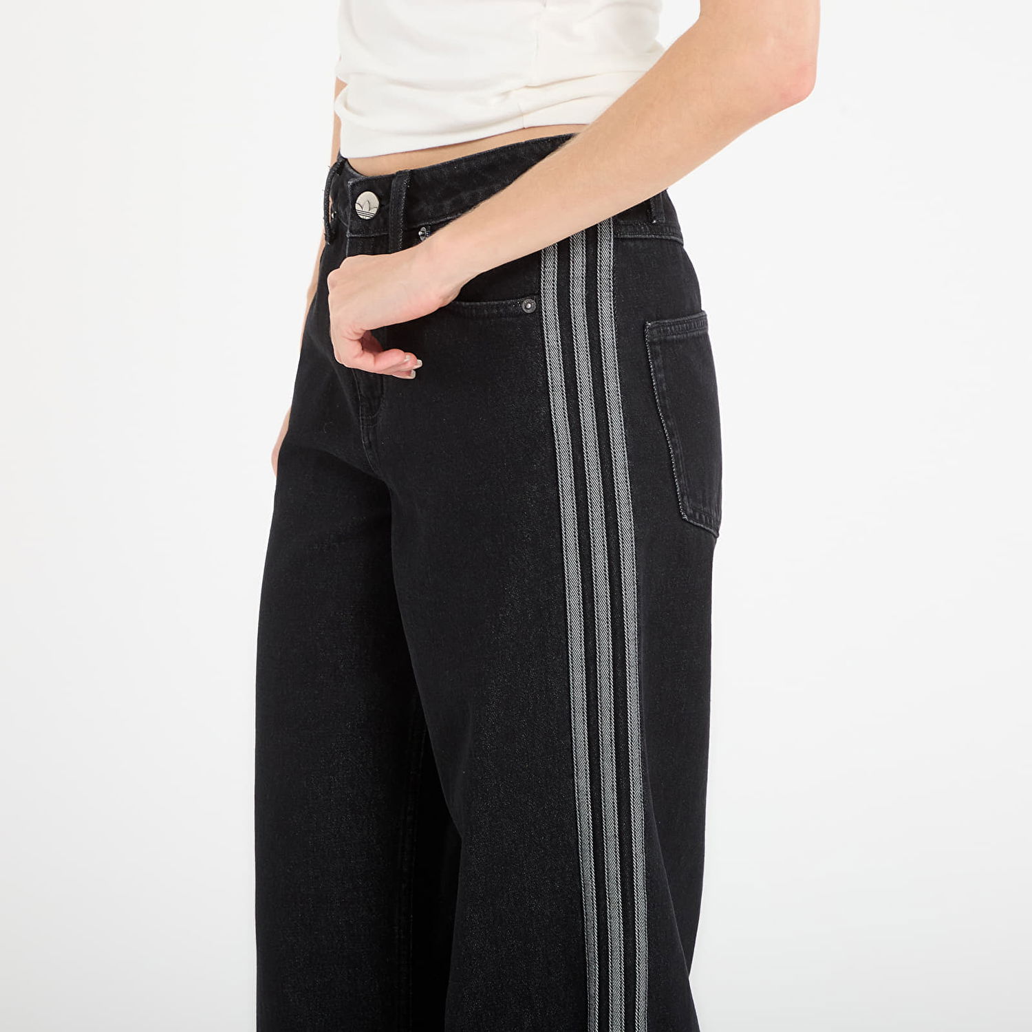 Дънки adidas Performance FIREBIRDTRACK Wide Leg Striped Denim Pant Черно | KD2909, 1