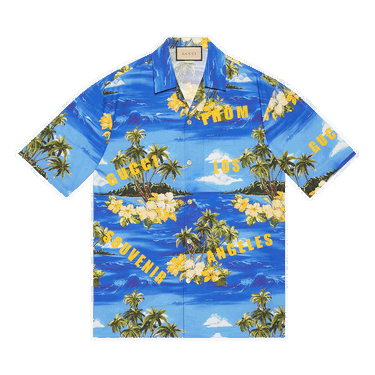 Риза Gucci Printed Cotton Poplin Bowling Shirt Синьо | 694124 ZAJSR 4464, 0
