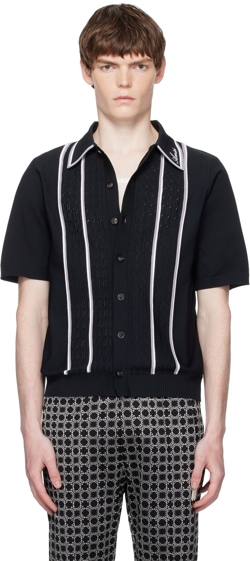 Поло тениска AMIRI AMIRI Script Stripe Knit Polo Черно | AMKNIR1025
