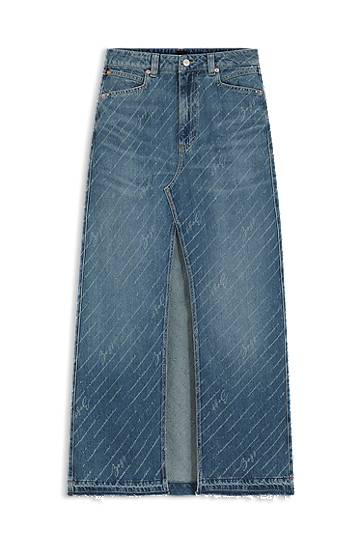 Пола BOSS Long Denim Skirt with Logo Pinstripe and Front Slit Синьо | 50542445, 0