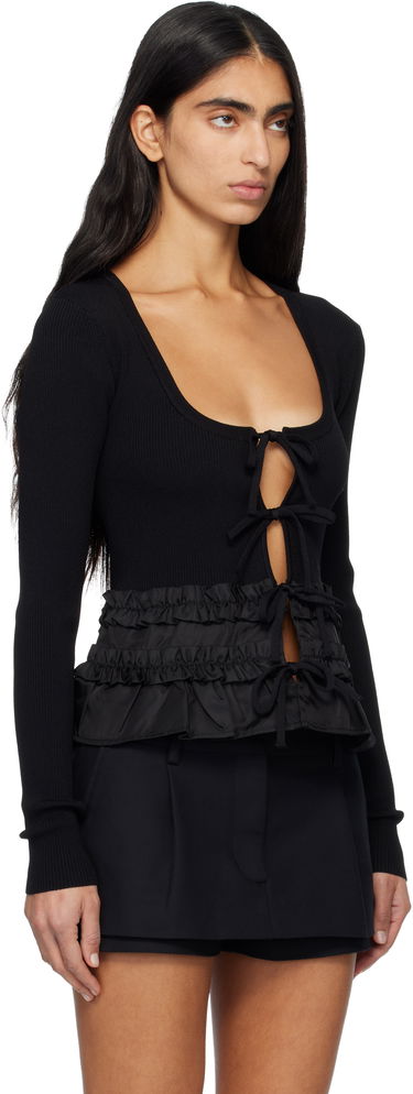 Пуловер GANNI Ribbed Tie-Front Ruffled Knit Cardigan Черно | K2510, 1