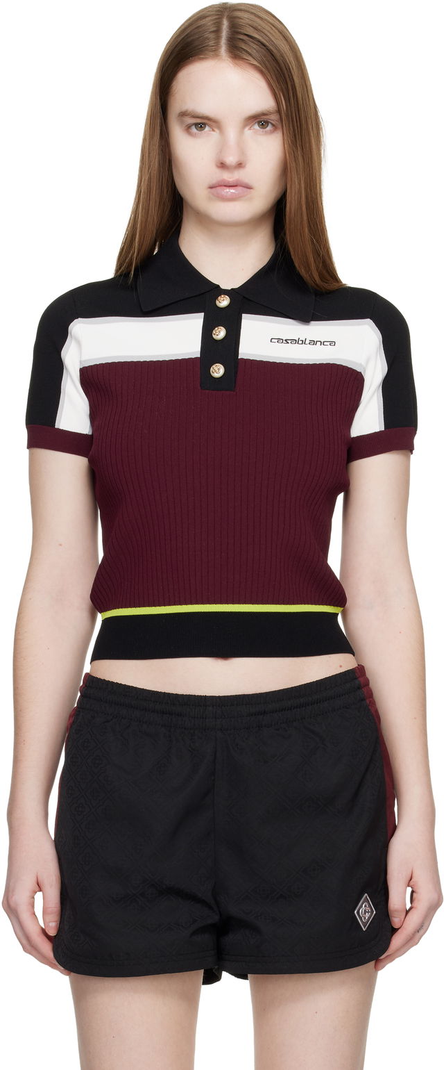 Cropped Striped Rib Knit Short Sleeve Polo Shirt