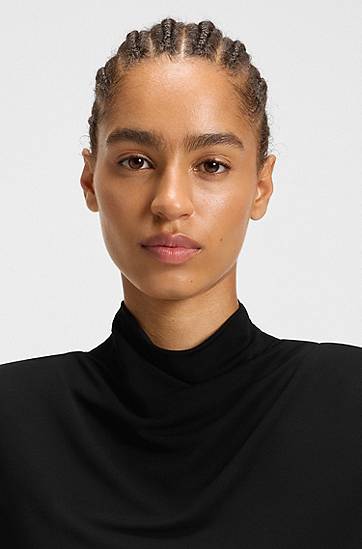 Pокля BOSS Long-Sleeve High-Neck Jersey Dress with Feathered Plissé Pleats Черно | 50548115, 1