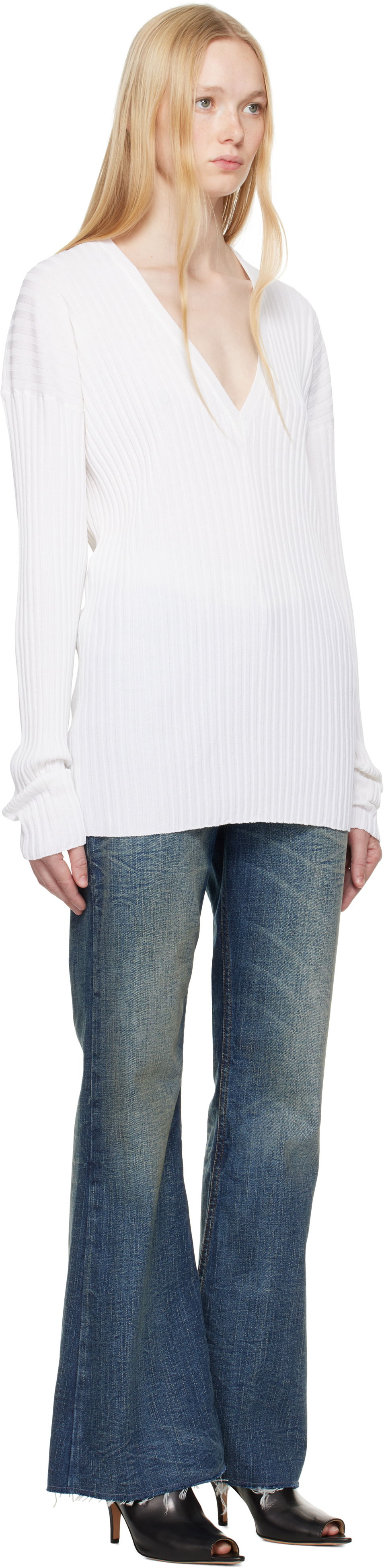 Пуловер Maison Margiela MM6 Maison Margiela Slouchy Ribbed V-Neck Sweater Бяло | S62DA0050 M13125, 1
