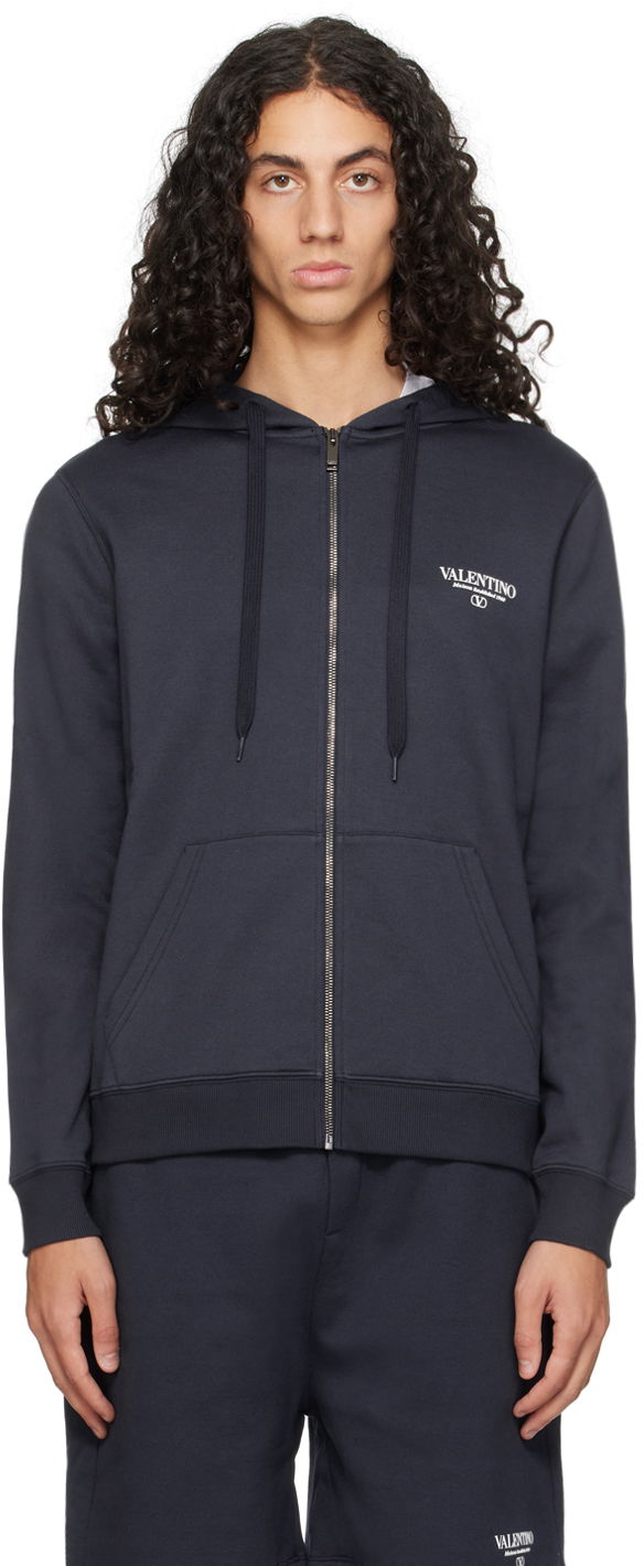 Суитчър Valentino Navy Printed-Logo Hoodie Тъмно синьо | 5V3MF27QA8D