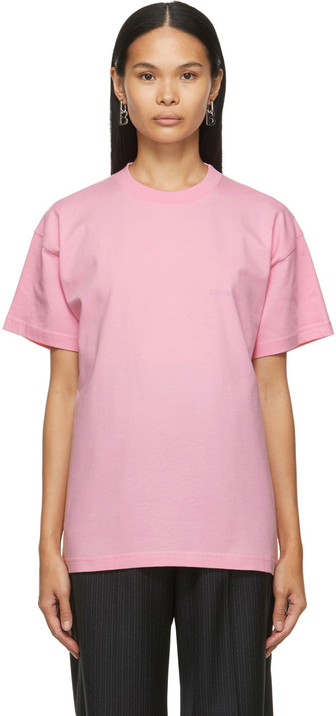 Тениска Balenciaga Large Fit Logo T-Shirt Розово | 612965 TIVG5, 0