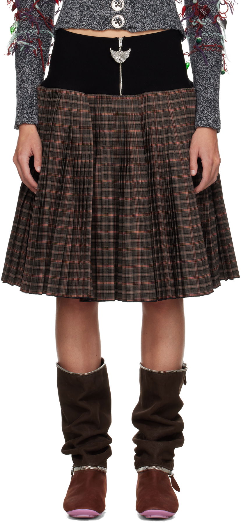 Пола Chopova Lowena Chopova Lowena Pleated Plaid Knee Midi Skirt Кафяво | 3274