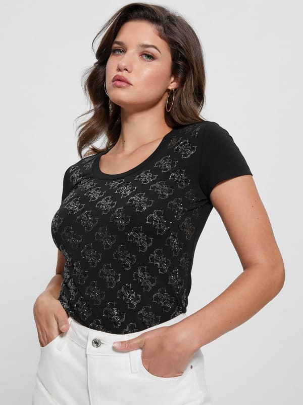 Тениска GUESS Rhinestones 4G Logo Stretch Черно | W3BI53J1314, 0